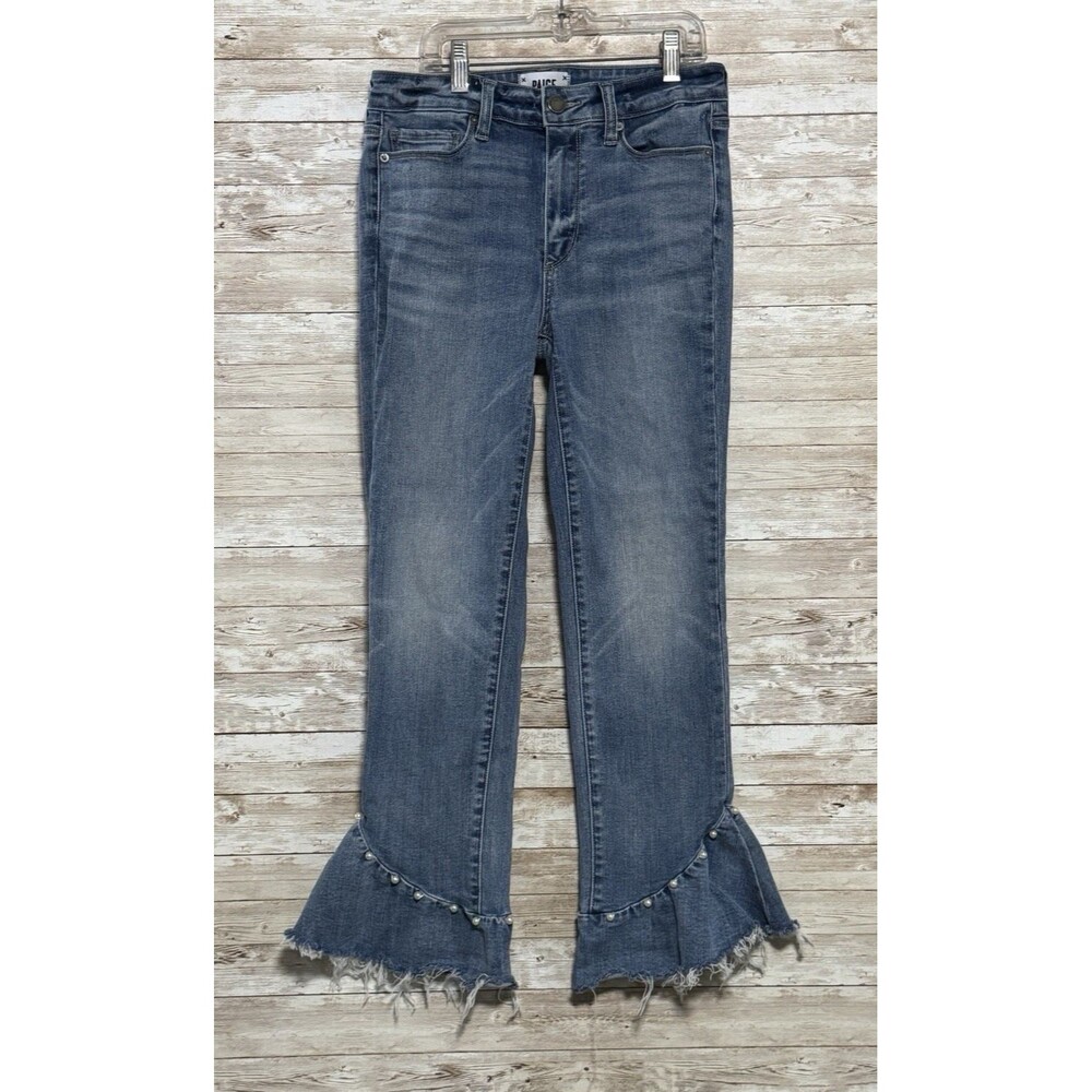 Paige Hoxton Straight Ankle Jeans Pearl Ruffle Frayed Hem High Rise Sz 28